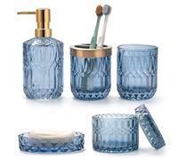 Juego de 5 Accesorios de Baño de Cristal Azul Dispensador de Loción, Jabonera, Soporte para Cepillo de Dientes, Vaso, Tarros de Hisopo de Algodón, Decoración Moderna de Baño, Regalo Vintage