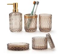 Juego de 5 Accesorios de Baño de Cristal Marrón Dispensador de Loción, Jabonera, Soporte para Cepillo de Dientes, Vaso, Tarros de Hisopo de Algodón, Decoración Moderna de Baño, Regalo Vintage