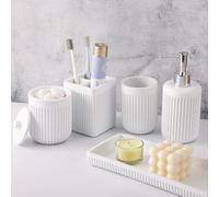 Juego de 5 accesorios de baño de resina blanca, dispensador de jabón de loción, soporte para cepillo de dientes, vaso de baño, soporte Qtip y bandeja de tocador, juego organizador de encimera de baño