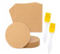 Juego de 50 hojas redondas de 20 cm + 50 piezas cuadradas de papel pergamino de 20 x 20 cm + cepillo de silicona, hojas antiadherentes sin blanquear, resistentes al calor para horno, freidora de aire