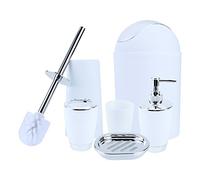 Juego de 6 accesorios de baño de plástico, dispensador de jabón, vaso,botella de loción, soporte para cepillo de dientes, taza de jabón, cepillo de inodoro, papelera (color blanco)
