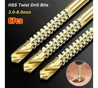 Juego de 6 brocas dentadas de 3-8 mm con revestimiento de titanio, brocas helicoidales HSS 3 en 1, brocas dentadas en espiral, herramienta de ranurado serrada. 6Pcs Set