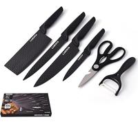 Juego de 6 cuchillos de chef, hoja negra, incluye cuchillo de pelar, cuchillo de cocina, cuchillo Santoku, ideal para cortar pan y cocinar. Juego de cuchillos y herramientas (Color: Variado)