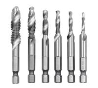 Juego de 6 machos de roscar con brocas combinadas y vástago hexagonal, M3, M4, M5, M6, M8, M10, machos de roscar HSS con revestimiento antioxidante, compatible con destornilladores inalámbricos y