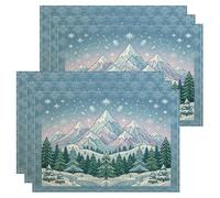Juego de 6 manteles individuales con diseño de bosque de montaña de | Picos cubiertos de nieve, plato de mesa, bosque de pinos, noche estrellada, textura de aspecto de lino