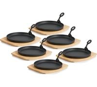 Juego de 6 mini sartenes de hierro fundido para servir | Diámetro de 22 cm, redondas, con tabla de madera