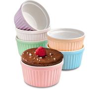 Juego de 6 moldes para soufflé de cerámica Unyqoos®, capacidad de 200 ml | diámetro de 9 cm, aptos para horno de -15 a 280 °C, apilables, con revestimiento antiadherente, en colores pastel