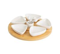 Juego de 6 platos de aperitivo blancos de porcelana con bandeja de bambú natural de Ø 30 cm