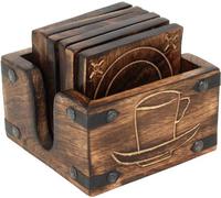 Juego de 6 posavasos cuadrados, hechos a mano con madera maciza de mango, con acabado quemado. Dimensiones: 9,5 x 9,5 x 0,6 cm (soporte: 12 x 12 x 5,5 cm)