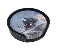 Juego de 6 posavasos de cuero con estampado de tren de vapor con diseño de puesta de sol con soporte, posavasos redondos de 4 pulgadas, resistentes al calor, fáciles de limpiar para el hogar y el bar