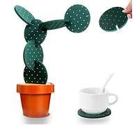 Juego de 6 Posavasos Divertidos de Cactus para Bebidas con Soporte para macetas, Regalos novedosos de Cactus para decoración del hogar de Bar (Verde con Punta)