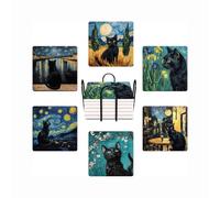 Juego de 6 posavasos para bebidas, diseño de Van Gogh Art y gato negro, posavasos cuadrados de piedra de cerámica, con base de corcho y soporte de metal, decoración de bar para el hogar, regalo de