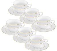 Juego de 6 tazas con platillo de 240 ml, color blanco con detalles dorados, de porcelana, marca Wilmax