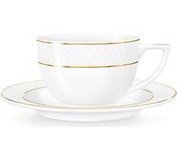 Juego de 6 tazas de capuchino Wilmax de 170 ml, con platillo, color blanco con detalles dorados, de porcelana