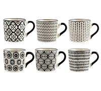 Juego de 6 tazas de cerámica H&H Vhera, de 220 ml, con decoración en blanco y negro y diferentes diseños. Diseño moderno y atemporal