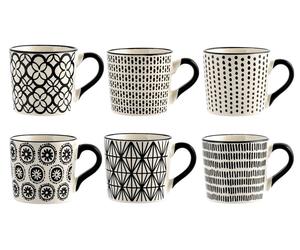 Juego de 6 tazas de cerámica H&H Vhera, de 220 ml, con decoración en blanco y negro y diferentes diseños. Diseño moderno y atemporal