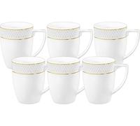 Juego de 6 tazas Wilmax de 320 ml, color blanco con detalles dorados, fabricadas en porcelana