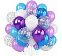 Juego de 60 globos de copo de nieve azul y morado de 12 pulgadas, globos de confeti de copo de nieve metálico, azul, morado, blanco, temática de hielo, cumpleaños, vacaciones, suministros para fiestas