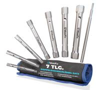 Juego de 7 llaves de tubo para tuberías S&R WerkFix, con barra de giro: 6/7, 8/9, 10/11, 12/13, 14/15, 16/17, 18/19 mm, fabricadas en acero CrV. Juego de llaves de tubo dobles con estuche de transport