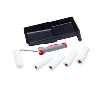 Juego de 7 mini rodillos de pintura de espuma de 4 pulgadas, marco de agarre suave y bandeja ProDec para un acabado liso con pinturas brillantes y satinadas en rodapiés, alféizares de ventanas