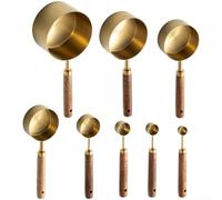 Juego de 8 cucharas y tazas medidoras de acero inoxidable con elegantes asas de nogal (K)