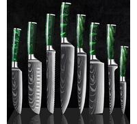Juego de 8 piezas, mango de resina verde, cuchillo de cocina 5CR15. Cuchillo de acero inoxidable Damasco, tipo Gyuto, para cortar carne, rebanar y picar. Cuchillo Santoku. Utensilios de cocina. Juego 