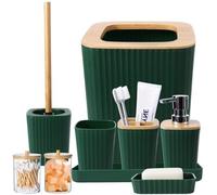 Juego de 9 accesorios para baño Unyqoos®, color verde oscuro, fabricado en PP y ABS: cubo de basura, jabonera de doble compartimento, dispensador de hisopos y bandeja para organizar el baño