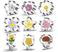 Juego de 9 moldes para galletas con diseño de flores, acero inoxidable, tulipán, clavel, lirio, para decoración de tartas de fondant, para herramientas de horneado robustas con 2,5 cm para borde