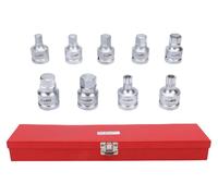 Juego de 9 vasos hexagonales con accionamiento de 3/4 de pulgada, fabricados en aleación de acero Cr-Mo, con las siguientes medidas: H14, H17, H19, H21, H22, H23, H24, M16 y M18. Incluye kit de vasos 