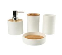 Juego de Accesorios de Baño 4 Piezas Plástico y Bambú Moderno de Artículos Esenciales para el Baño, Incluye Dispensador de Jabón, Soporte para Cepillo de Dientes, Vaso y Jabonera