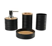 Juego de Accesorios de Baño 4 Piezas Plástico y Bambú Moderno de Artículos Esenciales para el Baño, Incluye Dispensador de Jabón, Soporte para Cepillo de Dientes, Vaso y Jabonera