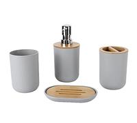 Juego de Accesorios de Baño, 4 Piezas, Soporte para Cepillos de Dientes, Jabonera, Dispensador de Loción Y Vaso para Enjuague Bucal, Plástico Y Madera, Moderno Juego de Decoración para el(Gris)