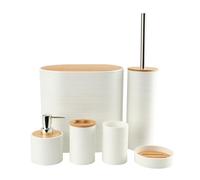 Juego de Accesorios de Baño 6 Piezas Plástico y Bambú Moderno de Artículos Esenciales para el Baño, Incluye Soporte para Cepillo de Dientes, Cubo de Basura, Escobilla y Dispensador de Jabón (Blanco)