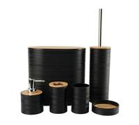 Juego de Accesorios de Baño 6 Piezas Plástico y Bambú Moderno de Artículos Esenciales para el Baño, Incluye Soporte para Cepillo de Dientes, Cubo de Basura, Escobilla y Dispensador de Jabón (Negro)