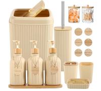 Juego de Accesorios de baño Beige 17 Piezas con Cubo de Basura, 3 dispensadores de jabón, Soporte Cepillo Dientes, jabonera, Vaso, 6 Etiquetas Madera