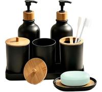 Juego de accesorios de baño, botella líquida con 2 tarros de de | Contenedor de jabón con taza para cepillo de dientes y bandeja para baño, cocina, encimera, estante de tocador