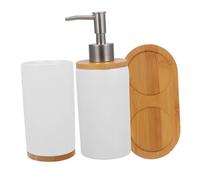 Juego de Accesorios de Baño Color Blanco Bambú de Cerámica 1 Set | Botella en Simple y Clásico , para Estilo y 350ml 430ml Vaso de Encimera Tocador Baño