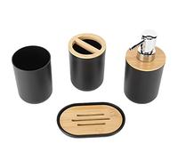 Juego de Accesorios de Baño de 4 Piezas, Bambú + Plástico, Incluye Soporte para Cepillo de Dientes, Jabonera, Botellas de Bomba Y Taza de Enjuague Bucal(Negro)