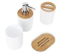 Juego de accesorios de baño de 4 piezas, soporte de plástico para cepillos de dientes, vaso para cepillos de dientes, dispensador de jabón, botella, jabonera, juego con piezas de madera, botella de