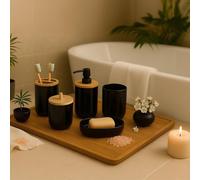 Juego de accesorios de baño de 7 piezas, fabricado en plástico y bambú
