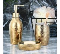 Juego de accesorios de baño de cerámica y algodón, de 3 piezas, color dorado, que incluye un dispensador de jabón y un elegante estuche para cepillos de dientes