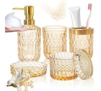 Juego de accesorios de baño de cristal dorado, juego de accesorios de baño de cristal, dispensador de loción, jabonera, soporte para cepillo de dientes, vaso, bastoncillos de algodón, juego de