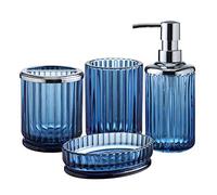Juego de Accesorios de baño de Vidrio Azul decente de 4 Piezas con patrón Decorativo prensado - Incluye dispensador de jabón de Manos, Vaso, jabonera y Soporte para Cepillo de Dientes (Azul Cobalto)