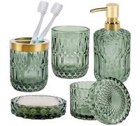 Juego de accesorios de baño de vidrio verde de 5 piezas, que incluye dispensador de jabón y soporte para cepillos de dientes