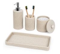 Juego de Accesorios de baño, dispensador de jabón de loción, Soporte para Cepillo de Dientes, dispensador de Soporte Qtip, Bandeja de tocador para decoración de encimera de baño, Organizador de