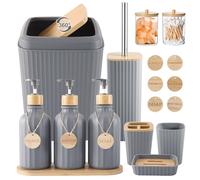 Juego de Accesorios de baño Grises de 17 Piezas con Cubo de Basura, 3 dispensadores de jabón de loción, Soporte para Cepillo de Dientes, jabonera, Vaso, 6 Etiquetas de Madera, Accesorios de baño con
