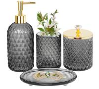 Juego de Accesorios de baño, Juego Completo de 4 Accesorios de baño de Vidrio Gris con dispensador de jabón de loción, Soporte para Cepillo de Dientes, Soporte Qtip, jabonera, Juegos de decoración de