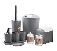 Juego de accesorios de baño - Juego de 10 accesorios de baño grises con cubo de basura, soporte para cepillo de dientes y taza, dispensador de jabón, jabonera, soporte para cepillo de inodoro, bandeja