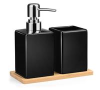 Juego de accesorios de baño - Juego de 3 accesorios de baño de cerámica con dispensador de jabón + soporte para cepillo de dientes + bandeja de bambú contemporáneo para baño, lavabo, lavabo, bañera