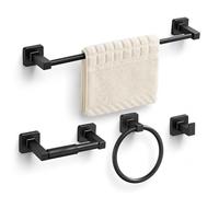 Juego de accesorios de baño negro mate de 4 piezas, juego de toallero de acero inoxidable montado en la pared, incluye barra de toalla de mano de 16 pulgadas, anillo de toalla, ganchos para toallas de